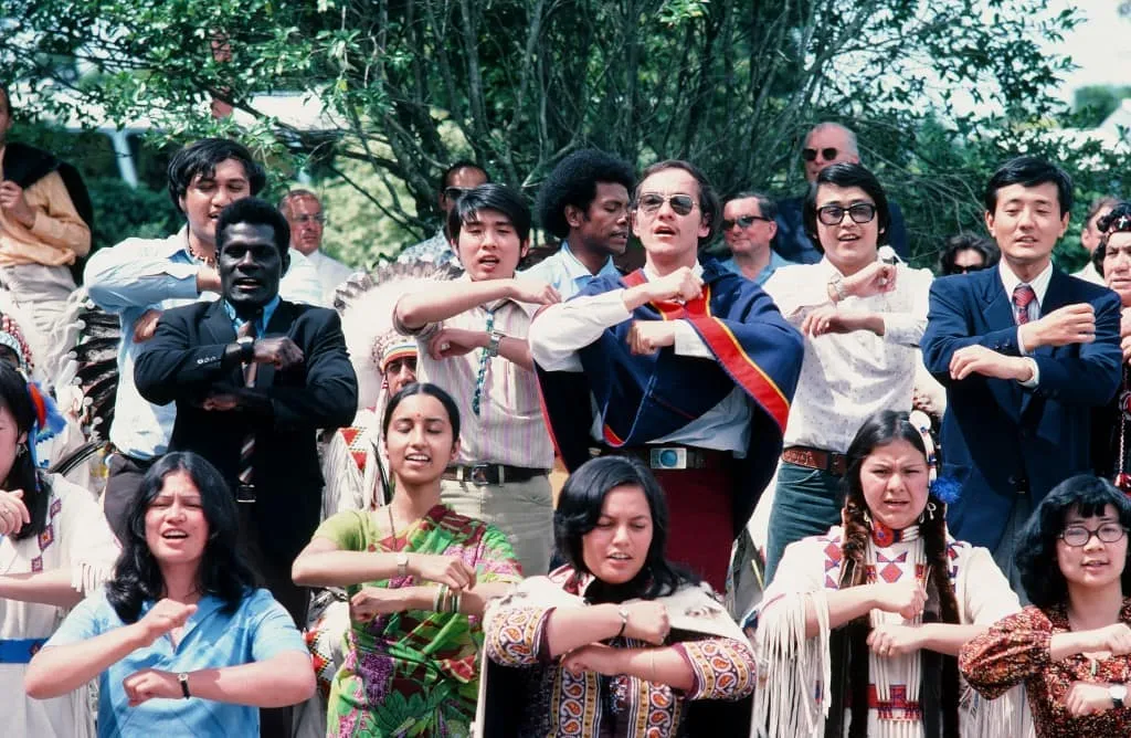 1977 'Song of Asia' performing Maori dances in front of the Maori Queen in New Zealand
