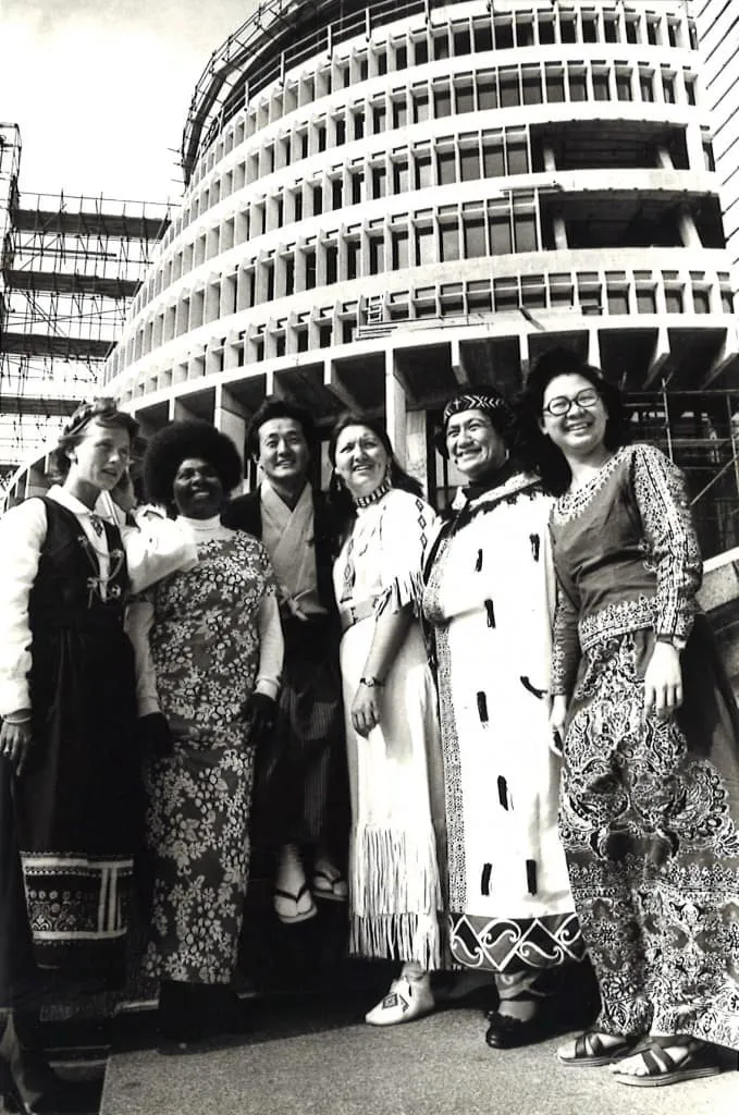 1977 In front of the New Zealand Parliament building with friends from Canadian Indigenous peoples, New Zealand Maori, Papua New Guinea, Malaysia, and Sweden