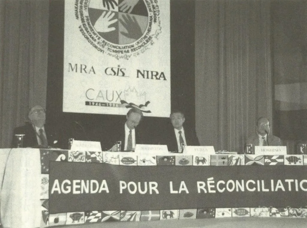 1996 Initiating the symposium 'Agenda for Reconciliation'
 (from left) Cornelio Sommaruga, President of the International Red Cross; Doug Johnston, Vice President of the Center for Strategic and International Studies (CSIS); Yukihisa Fujita; and Nobuyasu Hoshino, Chairman of the National Institute for Research Advancement (NIRA) (Caux, Switzerland)